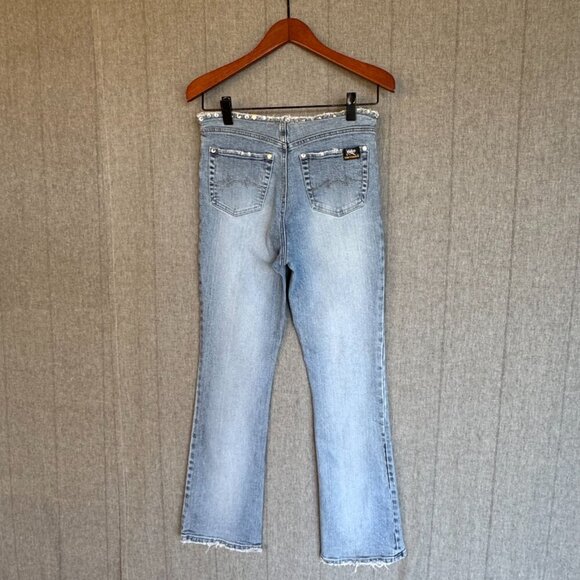 Y2K Vintage Parasuco Mid Rise Clear Rhinestone Raw Waist Flare Leg Jeans Size 4 - Picture 6 of 16